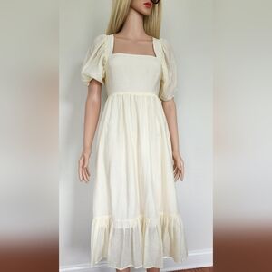 WAYF DRESS Puff sleeves yellow cream striped open back frills midi small NWT